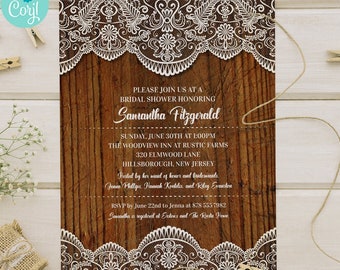 Rustic Lace Wood Bridal Shower Invitation | 2-sided, 5x7 | Editable Digital Printable Template | Edit Online & Print