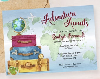 Puede incluir: Un mapa del mundo azul y verde con un globo terráqueo y maletas apiladas. El texto "Adventure Awaits" está en cursiva marrón. El texto "Join us to say farewell to Bridget Perreault before she moves to France" está en negro. El texto "Saturday, July 16th 8:00 PM" está en negro. El texto "The Globe Bistro & Bar 345 Spring Drive Roseville, MI" está en negro. El texto "RSVP to Jen by July 14th at 939.555.9304" está en negro.