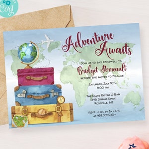Adventure Awaits Stacked Suitcases Going Away Farewell Party Invitation, 2-sided, 7x5, Editable Digital Template, Edit Online and Print
