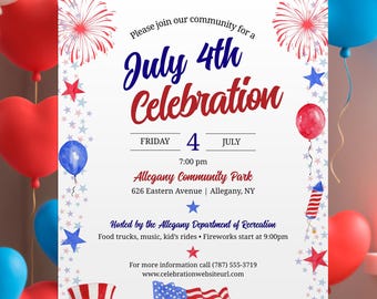 Editable Watercolor July 4th Invitation, Independence Day Party Invite Template, Patriotic Summer BBQ Celebration, Red, White and Blue Decor