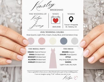 Editable Bridesmaid Info Card, Canva Wedding Party Details Template, Bridesmaid Proposal Mood Board, Color Palette, Instant Download
