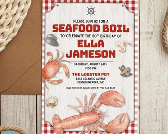 Seafood Boil Birthday Invitation Template, Lobster Bake Party Invite, Nautical Red Gingham Picnic, Editable Summer Dinner Celebration