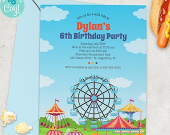 Amusement Park Funfair Childs Birthday Party Invitation | 2-sided, 5x7 | Editable Digital Printable Template | Edit Online & Print