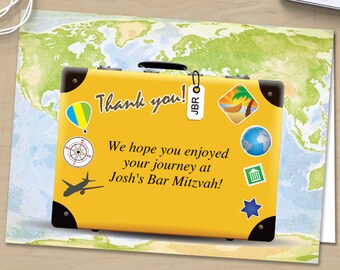 Traveling Suitcase Bar or Bat Mitzvah Thank You Folded Printable Card, Editable PDF Instant Download