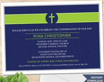 Green Cross Invitation Template: Blue Pinstripe, Confirmation, Communion (Editable PDF Instant Download)