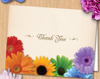 Carte de voeux pliée imprimable Merci fleur arc-en-ciel, téléchargement immédiat JPG (NON MODIFIABLE)