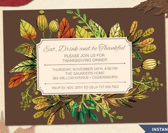 Printable Autumn Leaves Watercolor Thanksgiving Dinner Cocktail Party Invitation Template, Two 7x5 Invites, Editable PDF, instant download