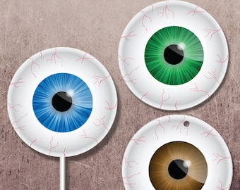 Printable Creepy Halloween Bloodshot Eyeballs 2 Inch Round Stickers, Cupcake Toppers, Buttons, Instant Download PDF (not editable)