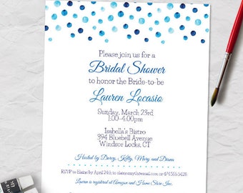 Blue Watercolor Polka Dot Bridal Wedding Shower Printable Invitation Template; Instant Download Editable PDF