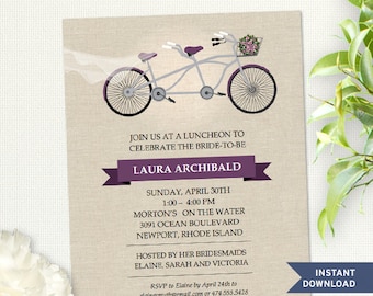 Tandem Purple Bicycle Faux Linen Bridal Wedding Shower Invitation; Instant Download Editable PDF