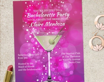 Pink Ombre Bokeh Martini Bachelorette Party Hens Night Printable Invitation Template, Two 5"x7" Invites, Editable PDF instant Download