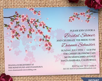 Ombre Cherry Blossom Bridal Shower Party Printable Invitation Template, 7"x5", Editable PDF Instant Download
