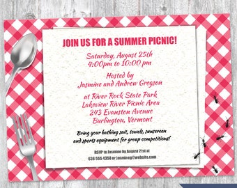 Red Gingham Summer Picnic with Ants Party Printable Invitation Template, Editable PDF Instant Download