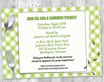 Green Gingham Summer Picnic with Ants Party Printable Invitation Template, Editable PDF Instant Download