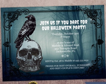 Crow on Skull in Night Wood Gothic Framed Printable Halloween Party Invitation Template, Editable PDF, Instant Download