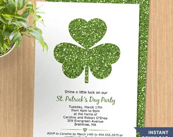 Green Glitter Look Shamrock St. Patrick's Day Party Invitation Printable Template, Two 5"x7" Invites, Editable PDF instant Download