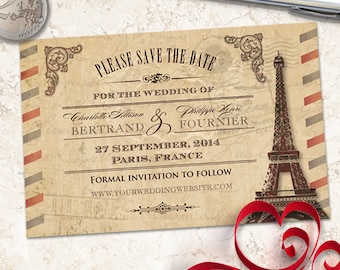 Vintage Parisian Save the Date Card: Eiffel Tower Wedding (Printable)