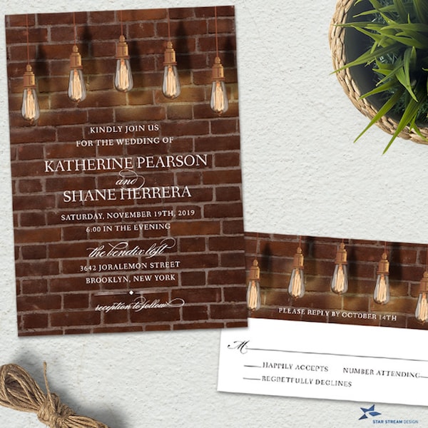 Vintage Edison Lightbulbs Industrial Wedding Stationery Set; Invitation and Reply Card, Printable, Evite or Printed (US Only) Invites