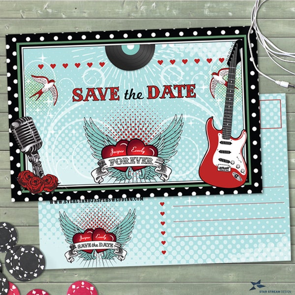 Rockabilly Music Polka Dot Wedding Save the Date Postcard or Flat Card, Printable, Evite or Printed (US Only) Announcements