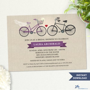Purple Two Bicycles Love Faux Linen Bridal Wedding Shower Printable Invitation Template Instant Download Editable PDF image 1