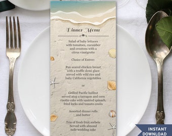 Beach Wedding Menu Template: Shells and Sand (Editable PDF)
