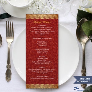 Printable Gilded Edge Red Paisley Mehndi Indian Menu Flat Card Template, Two 4"x9.25" Menus, Editable PDF instant Download