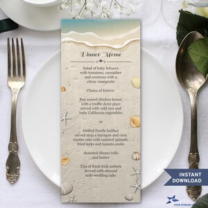 Printable Water's Edge Shells and Sand Beach Menu Flat Card Template, Two 4"x9.25" Menus, Editable PDF instant Download