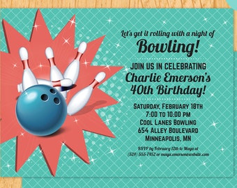 Retro Bowling Birthday Party Invitation: Editable Template (7x5) (Digital Printable)
