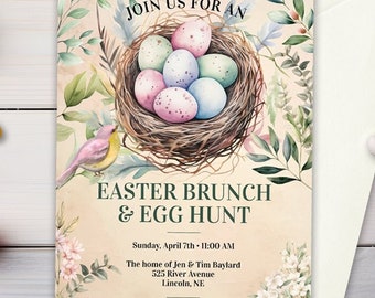 Easter Eggs in Nest Holiday Party Invitation | 5x7, Two sides | Editable Digital Printable Template | Edit Online & Print