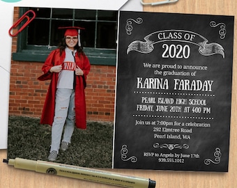 Chalkboard Graduation Announcement, Class of 2026 Grad Photo Card, Digital Editable Template, 3 chalkboard colors, Black, Green & Blue