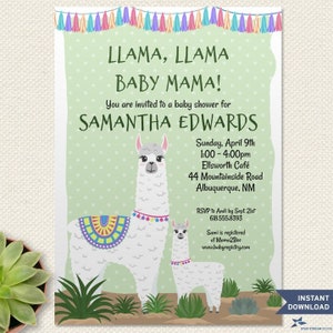Mama Llama and Baby Polka Dot Baby Shower Printable Invitation Templates, 5"x7", Two Editable PDFs, Instant Downloads