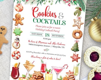 Christmas Cookies & Cocktails Party Invitation: Editable 5x7 Inch Template, Digital Download Invite