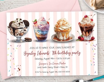 Four Make Your Own Ice Cream Sundaes Birthday Party Invitation | 2-sided, 5x7 | Editable Digital Printable Template | Edit Online & Print