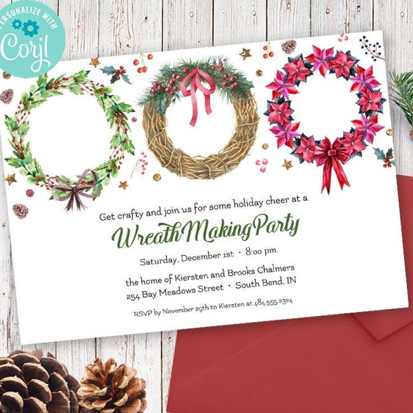 Christmas Wreath Making Holiday Party Invitation | 2-sided, 7x5 | Digital Editable Printable Template | Edit Online & Print Yourself