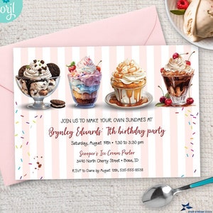 Four Make Your Own Ice Cream Sundaes Birthday Party Invitation | 2-sided, 5x7 | Editable Digital Printable Template | Edit Online & Print