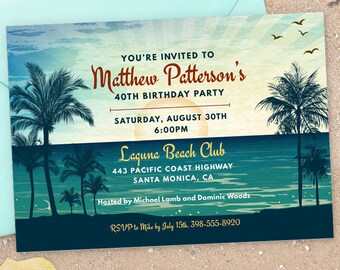Vintage Beach Party Invitation: Tropical Sunset, Editable Template (7x5) (Digital Printable)