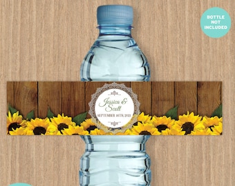Rustikales Sonnenblumen-Hochzeits-Wasserflaschenetikett: Bearbeitbare Vorlage (Digitaler Download)