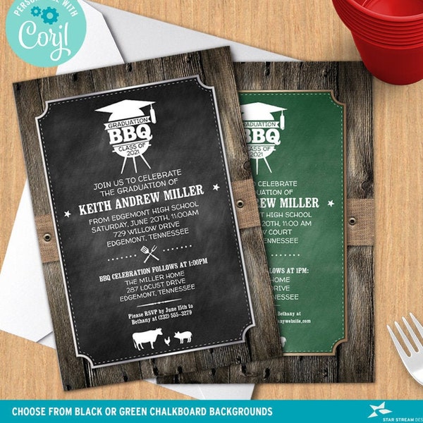 Rustic Chalkboard Burlap BBQ Graduation Party Invitation, Black or Green, 5x7, 2-sides | Editable Digital Template | Edit Online & Print