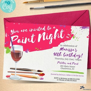 Paint Night, Paint and Sip Wine Glass Canvas Party Invitation | 2-sided, 7x5 | Editable Template | Edit Online & Print