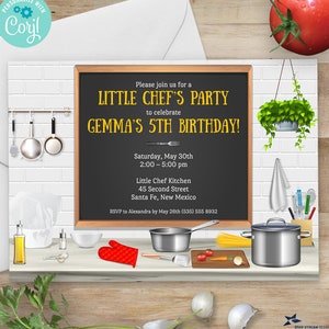 Kitchen Chef Cooking Birthday Party Invitation | 2-sided, 7x5 | Editable Digital Printable Template | Edit Online & Print Yourself