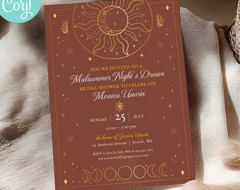 Celestial Midsummer Night's Dream Bridal Shower Invitation Template, Boho Moon Sun Phases Wedding Shower Invite, Editable Terracotta Gold