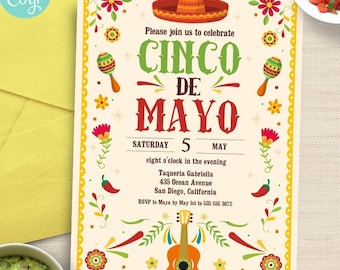 Editable Cinco de Mayo Invitation Template, Mexican Fiesta Party Invite, Corjl Instant Download, Printable Fiesta Birthday Invitation DIY