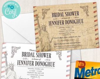 Vintage NYC Bridal Shower Invitation: Airmail Theme (Editable Template)