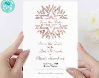 Rose Gold Star Mandala Bat Mitzvah Save the Date (Digital Template)