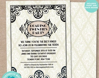 Art Deco Damask Roaring Twenties Party Invitation | 2-sided, 5x7 | Editable Digital Printable Template | Edit Online & Print Yourself