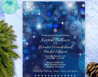 Snowflake Blue Bokeh Winter Bridal Wedding Shower Invitation | 2-sided, 5x7 | Editable Digital Printable Template | Edit Online & Print