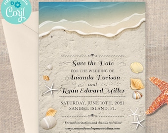 Water's Edge Shells and Sand Beach Save the Date Card, 2 size options | 2-sided | Editable Digital Printable Template | Edit Online & Print