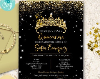 Gold Confetti Quinceanera Tiara Invitation | 2-sides, 5x7 | Editable Digital Printable Template | Edit Online & Print Yourself