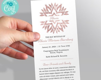 Rose Gold Star of David Bat Mitzvah Program | 4"x9" Rack card style | Editable Digital Template | Edit Online & Print Yourself