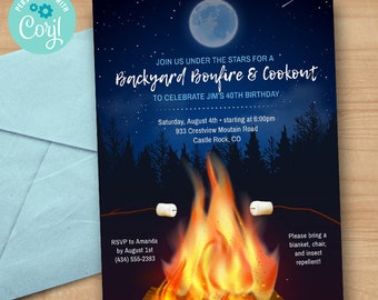 Backyard Bonfire Cookout, Birthday Party, BBQ, S'mores Invitation | 5x7, 2-sided | Editable Digital Printable Template | Edit Online & Print